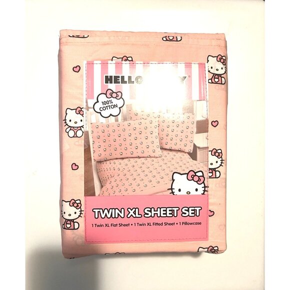 NWT SANRIO HELLO KITTY Twin X-Long Sheet Set w/ Pink Bows & Hearts 100% Cotton - Picture 2 of 9